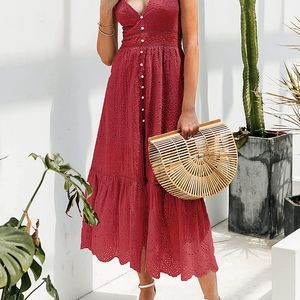 BerryGo Embroidery Pearl Button Down Dress V Neck Spaghetti Strap Maxi Dress